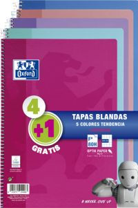PACK 4+1 CUADERNO ESPIRAL TAPA BLANDA FOLIO 80 HOJAS 4X4 CON MARGEN COLORES TENDENCIA OXFORD 400072719
