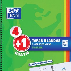 PACK 4+1 CUADERNO ESPIRAL TAPA BLANDA FOLIO 80 HOJAS 4X4 CON MARGEN COLORES VIVOS OXFORD 400027271