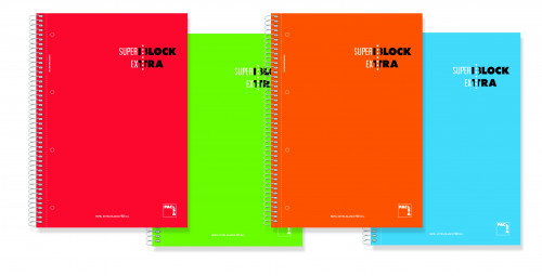 CUADERNO ESPIRAL SERIE SUPERBLOCK EXTRA TAPA DURA 90 GRS. A-5 (148X210MM.) MICROPERFORADO 120 HOJAS CUADRÍCULA 5X5 + GRECA SURTIDO PACSA 16364