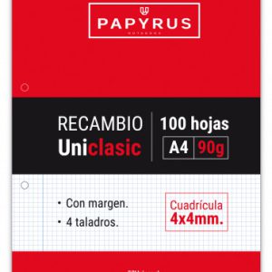 RECAMBIO PAQUETE 100 HOJAS A4 UNICLASIC 90 GR. 4X4 CON MARGEN PAPYRUS 53391000