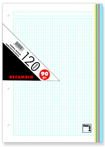 RECAMBIO DE COLORES 90 GRS. A-4 (210X297MM.) 120 HOJAS CUADRÍCULA 5X5 + GRECA 5 COLORES PACSA 21180