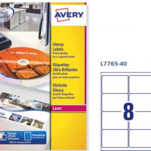 CAJA DE 40 HOJAS (8 ETIQXHOJA) ETIQUETAS BLANCAS BRILLANTES 99,1X67,7MM AVERY L7765-40