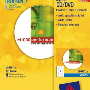 PAQUETE 25 HOJAS ETIQUETAS FULL-FACE NO TOUCH BLANCAS PAPEL CUCHÉ OPACA PARA CD-IMPRESORAS INYECCIÓN TINTA-117 MM AVERY J8676-25