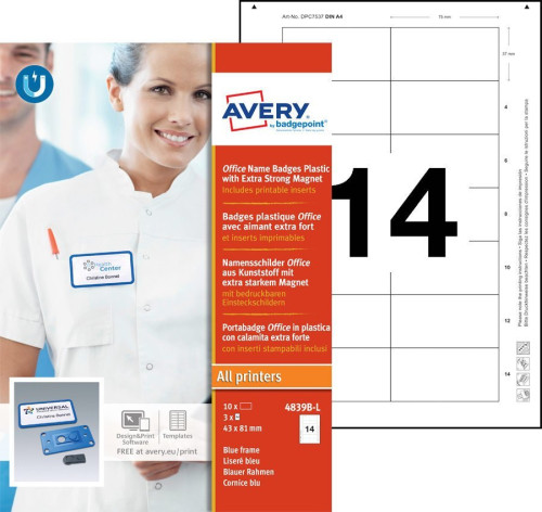 CAJA 10 PORTANOMBRES OFFICE BADGE AZUL CON IMÁN EXTRA FUERTE–37 X 75 MM AVERY 4839B-L - Imagen 3
