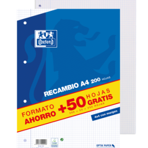 RECAMBIO A4 200+50 HOJAS 90GRS 4X4 MARGEN AZUL OXFORD 400119437