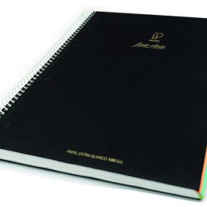 CUADERNO FIRST CLASS A5 TAPA NEGRA FORRADA MICROPERFORADO 120H 100GR TALADROS 5X5 BANDA 5 COLORES PACSA 16036