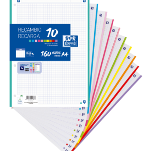 RECAMBIO A4 160 HOJAS 90GRS 5X5 BANDA 10 COLORES VIVOS Y PASTEL OXFORD 400106627