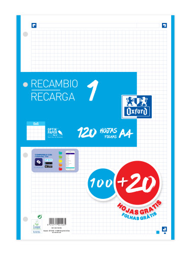 RECAMBIO COLOR 1 A4 100+20 HOJAS 5X5 TURQUESA 90GRS OXFORD 400158058