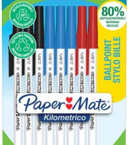 BLÍSTER 8 BOLÍGRAFOS PAPER MATE KILOMÉTRICO PUNTA MEDIANA (1,0MM) TINTA NEGRA, AZUL Y ROJA 80% RECICLADO PAPER MATE 2187680
