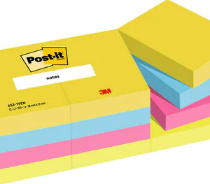 PACK 12 BLOCS 100 HOJAS NOTAS ADHESIVAS 38X51MM COLECCIÓN ENERGETIC EN CAJA CARTÓN 653 TFEN POST-IT 7100290179