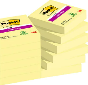 PACK 12 BLOCS 90 HOJAS NOTAS ADHESIVAS 47,6X47,6MM SUPER STICKY CANARY YELLOW CAJA CARTÓN 622-12SSCY-EU POST-IT 7100290190