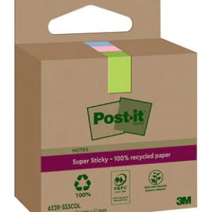 PACK 3 BLOCS 70 HOJAS NOTAS RECICLADAS ADHESIVAS 47,6X47,6MM SUPER STICKY COLORES SURTIDOS CAJA CARTÓN 622 RSS3COL POST-IT 7100284577
