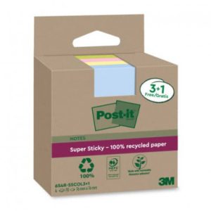 PACK 3+1 BLOCS 90 HOJAS NOTAS RECICLADAS ADHESIVAS 76X76MM SUPER STICKY COLORES SURTIDOS 654 RSSCOL3+1 POST-IT 7100285103