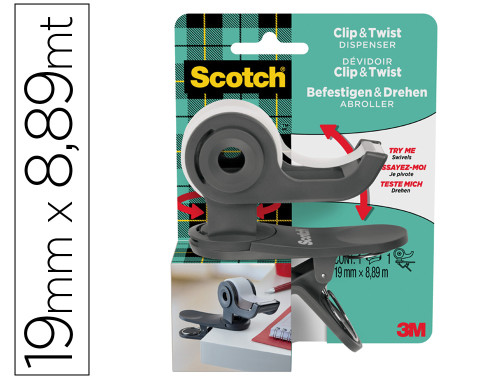 DISPENADOR PORTARROLLOS CLIP&TWIST C19 GRIS CON ROLLO CINTA INVISIBLE 19MM X 8,89M MAGIC C19-CLIP-CG-EMEA SCOTH 7100225277
