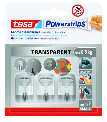 BLISTER 3 GANCHOS ADHESIVOS ALAMBRE POWERSTRIPS 0,5KG TAMAÑO S TRANSPARENTE TESA 58620-00001-01