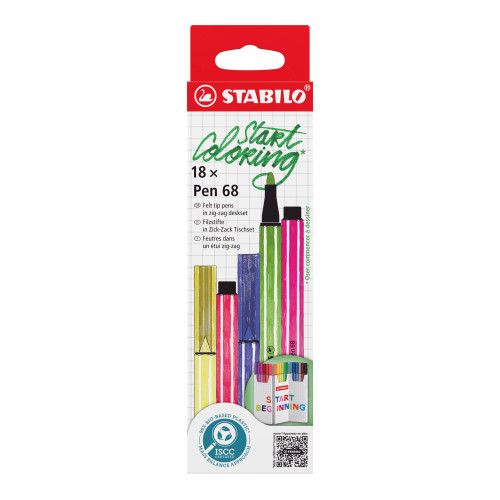 ESTUCHE CARTON ZIG-ZAG ROTULADORES PUNTA FIBRA MEDIA 1MM. PEN 68 CON 18 UNIDADES COLORES SURTIDOS STABILO 6818-8