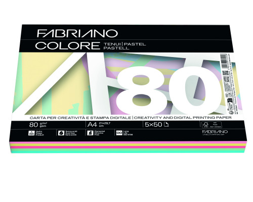 PAQUETE 250 HOJAS A4 80G COLORES SURTIDOS PASTEL (50 HOJAS X COLOR) FABRIANO F62521297