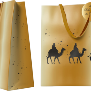 BOLSA DORADA PAPEL REYES MAGOS M (26x12x37 CM) CON TARJETA COLGANTE BISMARK 333672