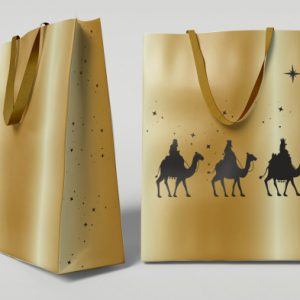 BOLSA DORADA PAPEL REYES MAGOS S (24X10X32 CM) CON TARJETA COLGANTE BISMARK 333673