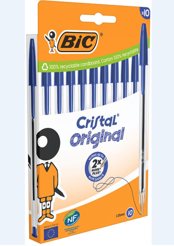 BLISTER CARTÓN 10 BOLIGRAFOS CRISTAL CON CUERPO TRANSPARENTE TRAZO 0,4MM. AZUL BIC 516352
