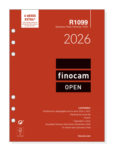 RECAMBIO ANUAL 2026 R1099 OPEN1000 155X215MM SEMANA VISTA VERTICAL FINOCAM 711520026