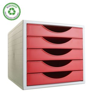MÓDULO ECOGREEN 5 CAJONES 100% RECICLADO Y RECICLABLE DIN A4 FOLIO Y SUBCARPETA MEDIDAS: 340X270X260 MM CARCASA GRIS Y CAJONES ROJO ARCHIVO 2000 4005 RJ