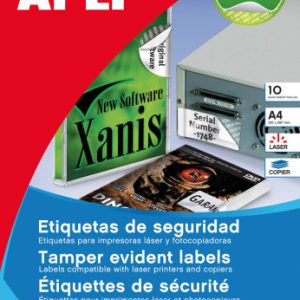 PAQUETE 10 HOJAS A4 ETIQUETAS DE SEGURIDAD POLIESTER PLATA 45,7 X 21,2MM APLI 11272