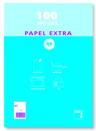 PAQUETE PAPEL EXTRA BLANCO SATINADO 100 HOJAS 80 GRS. A-5 (148X210MM.) LISO PACSA 21814