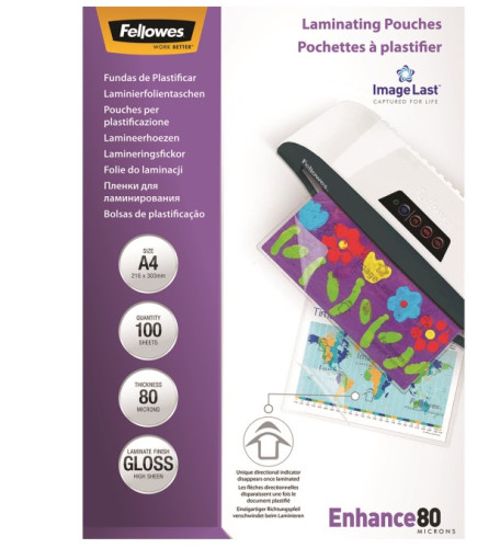 PACK 100 BOLSAS PLASTIFICACION 80 MICRAS A4 216X303 FELLOWES 5306114