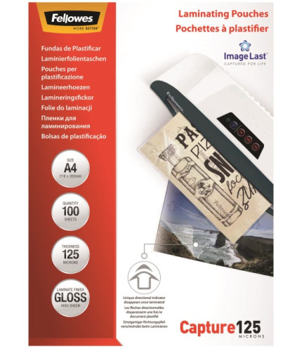 PACK 100 BOLSAS PLASTIFICACION 125 MICRAS A4 216X303 FELLOWES 5307407