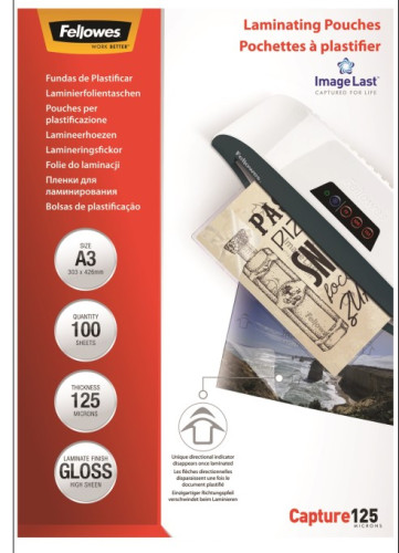 PACK 100 BOLSAS PLASTIFICACION 125 MICRAS A3 303X426 FELLOWES 5307506