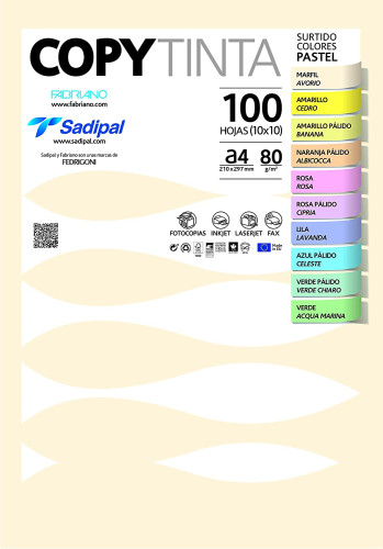 PAQUETE 100 HOJAS A4 80G COLORES SURTIDOS PASTEL (10 HOJAS x COLOR) FABRIANO 11302