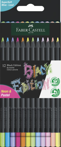 ESTUCHE CARTON 12 LĂPICES DE COLOR NEON BLACK EDITION FABER CASTELL 116410