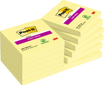 PACK 12 BLOCS 90 HOJAS NOTAS ADHESIVAS 76X76MM SUPER STICKY SIN ENCELOFANADO INDIVIDUAL 654-12SSCY-EU POST-IT 7100290155