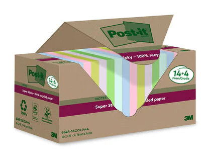 PACK 14+4 BLOCS 90 HOJAS NOTAS RECICLADAS ADHESIVAS 76X76MM SUPER STICKY COLORES SURTIDOS 654 RSSCOL14+4 POST-IT 7100284782 - Imagen 2