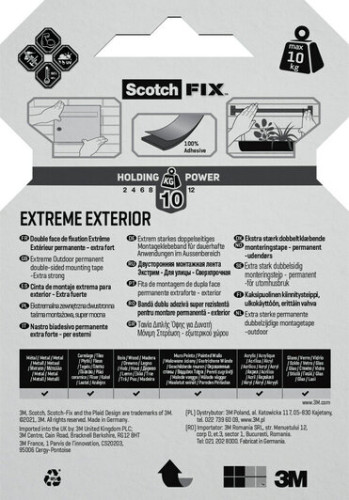 ROLLO CINTA DE MONTAJE DOBLE CARA EXTREME EXTERIORES 19MM X 1,5M HASTA 10KG FIX PT1100-1915-P SCOTH 7100272781 - Imagen 10