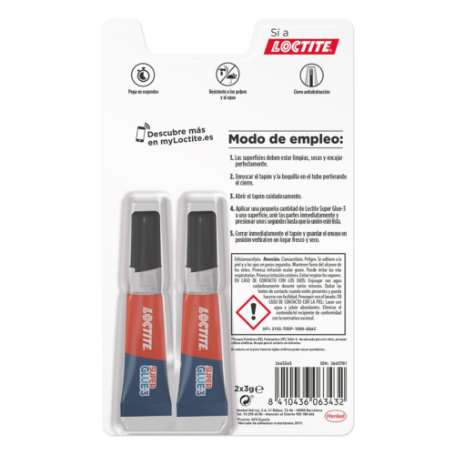 LOCTITE SUPERGLUE-3 ORIGINAL DUO 2X3 BL 3GR+3GR LOCTITE 2640781 - Imagen 2