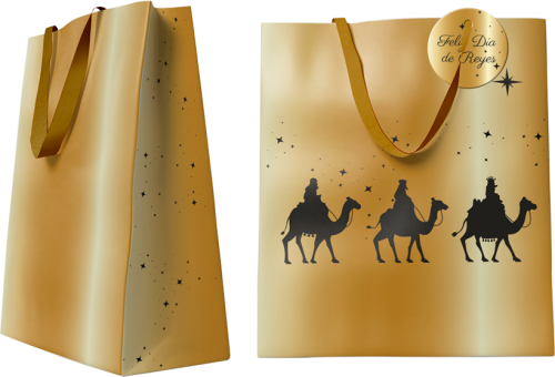 BOLSA DORADA PAPEL REYES MAGOS M (26x12x37 CM) CON TARJETA COLGANTE BISMARK 333672