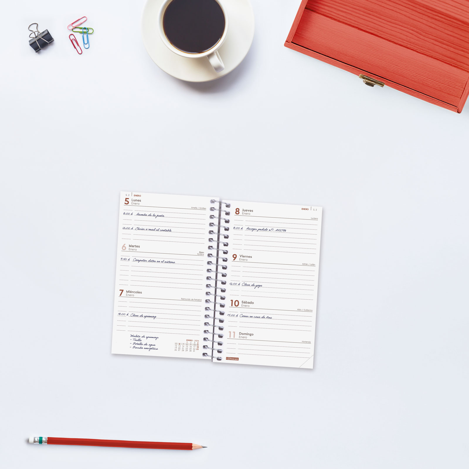 AGENDA 2026 BASIC YEAR E3 79X127MM SEMANA VISTA HORIZONTAL ROJO FINOCAM 741423026 - Imagen 2