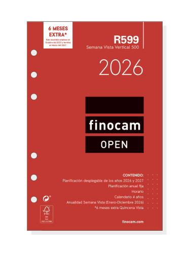 RECAMBIO ANUAL 2026 R599 OPEN500 117X181MM SEMANA VISTA VERTICAL FINOCAM 711500026